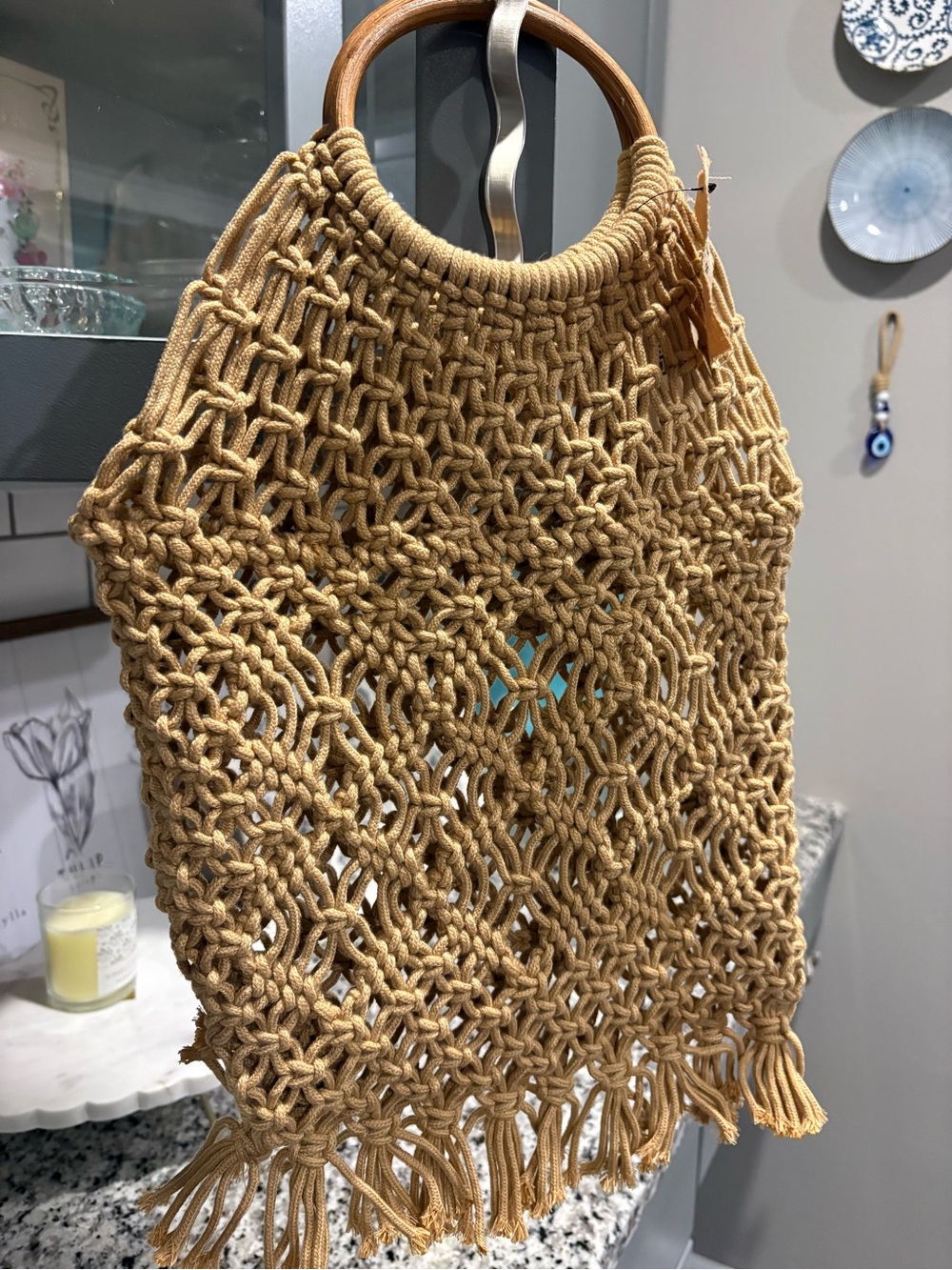 Rag & Co Woven Macramé Tote in Tan - Picture 3 of 7